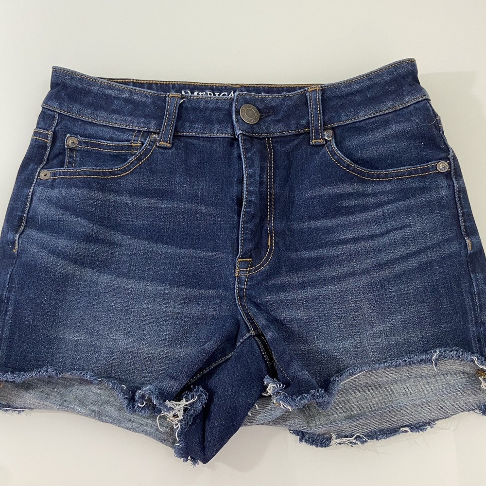 American Eagle Hi Rise Shortie Jean Short Women Size 6 360 Super Stretch Raw Hem